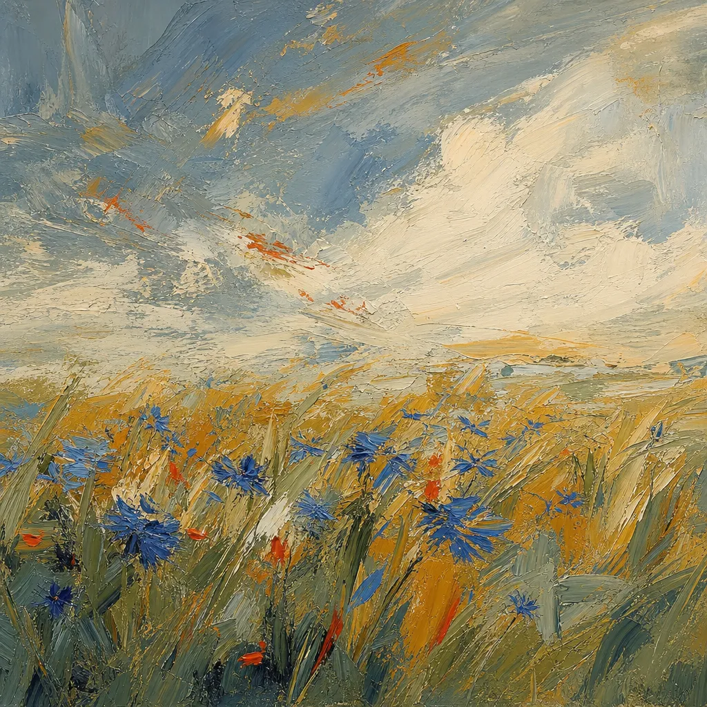Картина «Рожь и васильки», холст, акрил, масло, 80 × 80 см